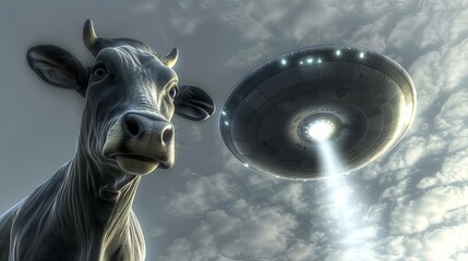 A futuristic concept of aliens from other civilizations abducting living beings. A UFO abducts a cow by capturing it with a beam of light. Illustration for cover, poster, brochure, presentation, etc. - obrazy, fototapety, plakaty