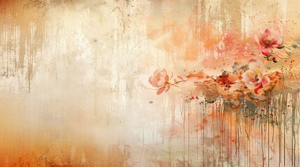   A white and orange background with pink flowers in a vase and spray paint on the wall