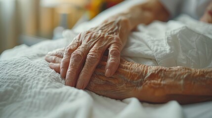 Old wrinkled hands in bed close-up, support from friend or spouse. Generative AI