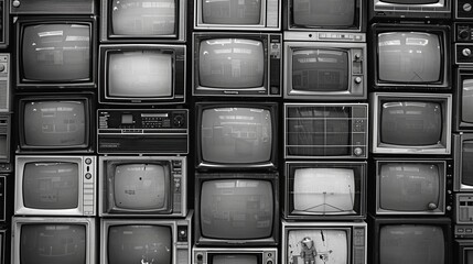 Lots of retro TVs of which some are on and showing black and white video. The scene is nostalgic. Illustration for cover, card, postcard, interior design, banner, poster, brochure or presentation. - obrazy, fototapety, plakaty
