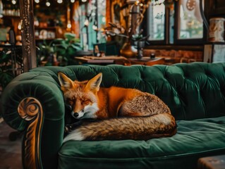 AI generated illustration of a Napping fox in a fancy cafe - obrazy, fototapety, plakaty