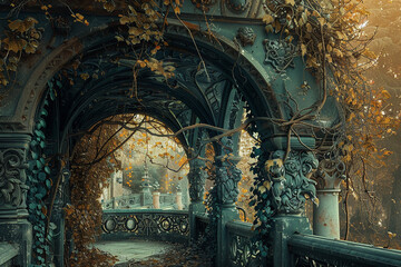 Tangled ivy weaving through the arches of a beautifully decorated bridge. - Powered by Adobe