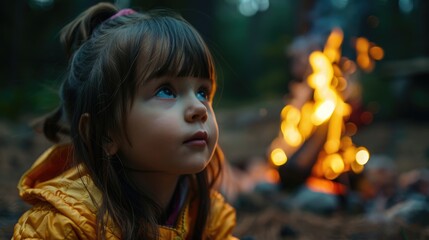 A young girl sits by the fire, her nose glowing in the electric blue light. The flickering flames cast shadows on her eyelashes, creating an artful scene of warmth and comfort AIG50