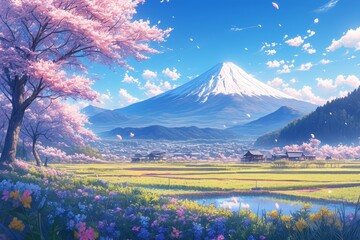 A beautiful landscape of Japan with Mount Fuji and sakura trees