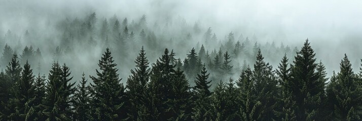 A dense forest shrouded in mist, with dark green trees against the grey sky. fog and tall pine...