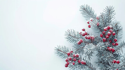 A branch of evergreen trees covered in snow and red berries - obrazy, fototapety, plakaty
