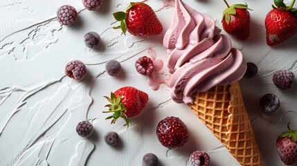   A scoop of ice cream served atop a white plate with strawberries and raspberries scattered in a leafy pattern around it