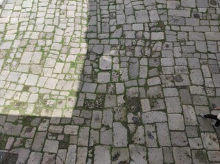 Fototapeta premium Cobblestone texture. Gray paving stones outside close-up. Design blank