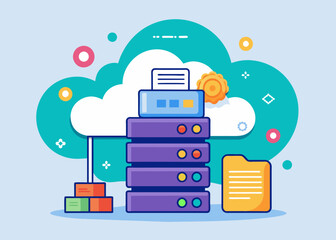 Data Stack With Cloud, Cloud system storage file download database protection concept,flat illustration