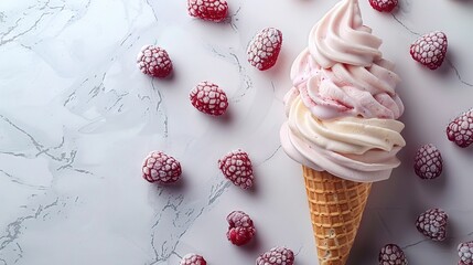   A scoop of ice cream topped with raspberries and sprinkled on a white marble plate