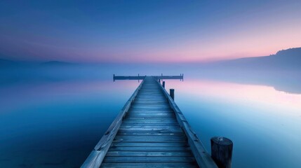 A long wooden pier extends into the calm blue lake at dawn