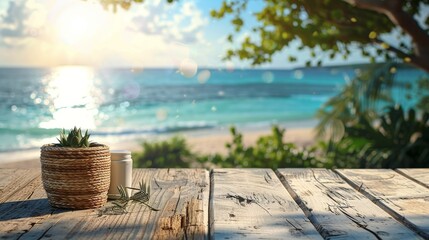 Naklejka premium Wooden Table Overlooking Ocean