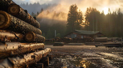 Pile of logs in the forest at sunset. AI. - obrazy, fototapety, plakaty
