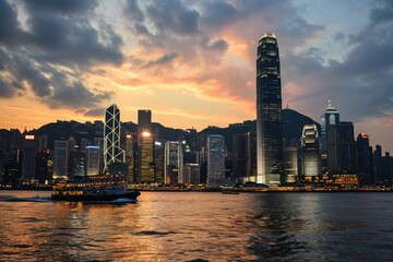 Fototapeta na wymiar The iconic skyline of Hong Kong at dusk, Overcast Sunset Skyline of Hong Kong, Ai generated