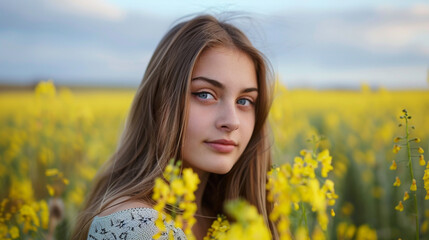 Portrait of a beautiful girl in a field of yellow flowers. AI. - obrazy, fototapety, plakaty