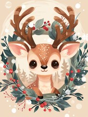 A cute cartoon deer with big eyes and a red nose is sitting in a wreath of holly and berries - obrazy, fototapety, plakaty