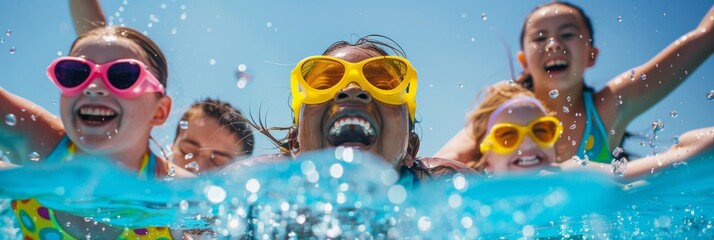 Splashes of Joy: Diverse Friends with Down Syndrome Sharing Laughs and Love at a Summer Pool Party