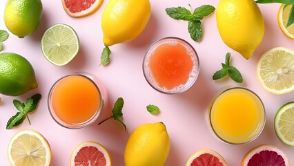 Top view of citrus juices with lemons and limes on pink background. Concept Food Photography, Citrus Fruits, Top View, Pink Background, Refreshing Drinks