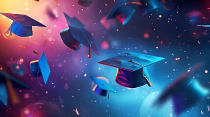 Holographic graduation caps floating above ,futuristic background