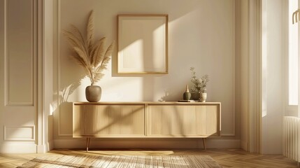 Modern side board with vase and plants, a blank frame on the wall, sun light coming from window