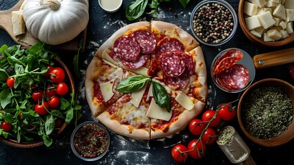 Creative horizontal banner image featuring Italian pizza ingredients fresh salad and salami. Concept Food Photography, Italian Cuisine, Fresh Ingredients, Horizontal Banner, Creative Composition - Powered by Adobe