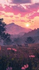 A beautiful landscape with a sunset over a mountain range. The foreground is a field of flowers with three deer grazing. The sky is a gradient of pink, orange, and yellow.