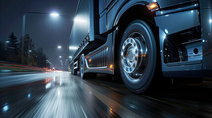 Truck driving at night, perspective view.