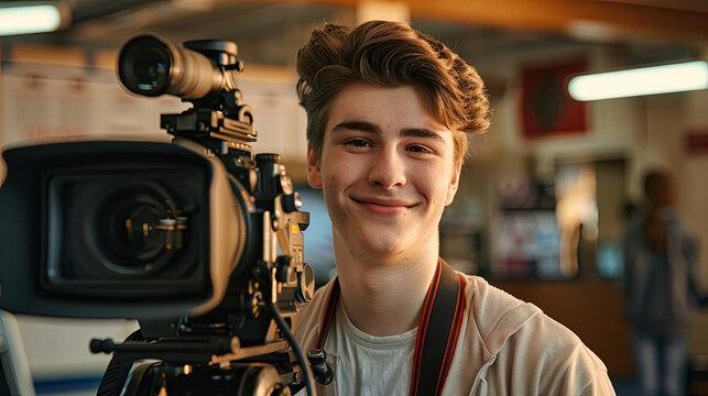 Young teenager student of audiovisuals, next to a professional video camera.