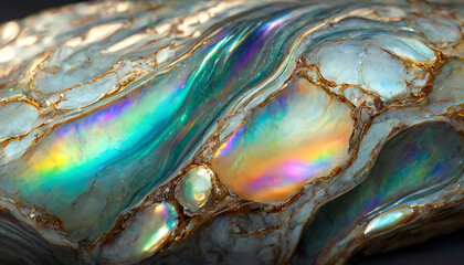 Beautiful mother of pearl surface. Bright platinum background, iridescent effect and golden veins. 