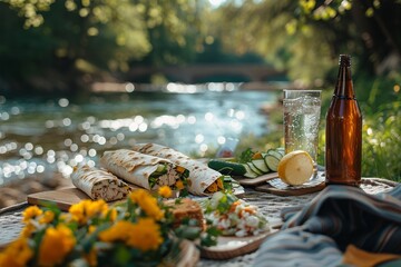 A serene riverside picnic setup featuring a refreshing drink, sandwiches, and vibrant flowers, capturing the essence of relaxation and nature's beauty