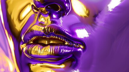 Imagine a kitsch surrealistic depiction of Liquid with a futuristic twist Combine shiny latex gold and purple hues with metallic chrome elements Enhance the y2k aesthetic through a