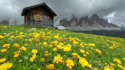   Yellow flowers surround a rustic cabin, set against a mountainous backdrop