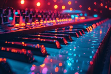 A detailed shot of an electric keyboard under enchanting red and blue stage lighting, highlighting...