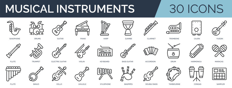 Set of 30 outline icons related to musical instruments. Linear icon collection. Editable stroke. Vector illustration