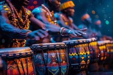 A vibrant depiction of African culture showcasing tribal drummers with hands in motion on intricately patterned drums