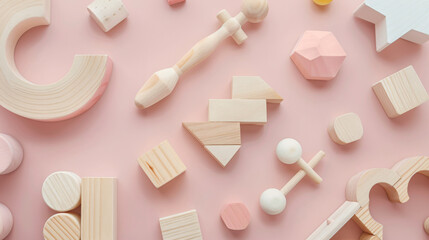 Sustainable Wooden Educational Toys on Soft Pink Background