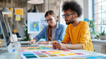 Young Designers Collaborating on Color Selection in Modern Office - Powered by Adobe