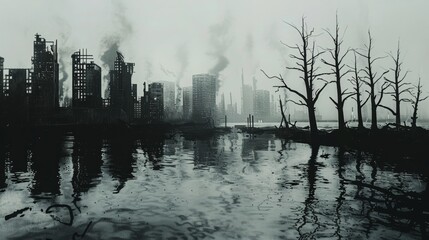 A post-apocalyptic city lies in ruins, with a dark and eerie atmosphere. - obrazy, fototapety, plakaty
