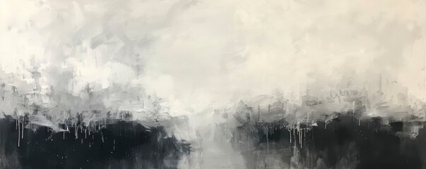 Abstract black and white painting, neutral tones, soft texture, foggy landscape with distant buildings, minimalist style, monochromatic palette, gentle brush stroke