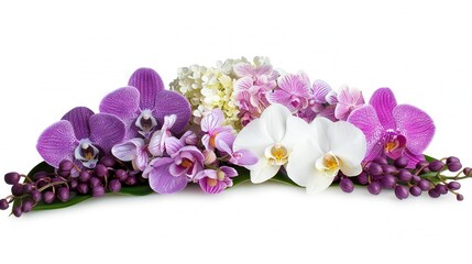   White background with space for text or image featuring a group of purple and white orchids and other flowers