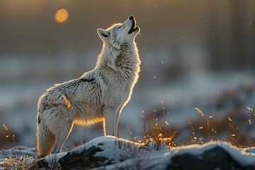 Majestic wild wolf captured in the act of howling during a serene snowy evening with warm light glowing in the backdrop