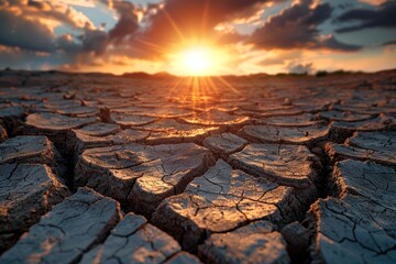 cracked earth with sunset background