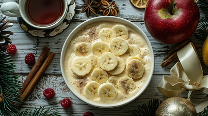   A bowl of oatmeal with banana slices and cinnamon on a table near a cup of tea