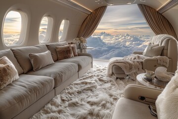 A plush airplane cabin boasts high-end comfort with a stunning cloud view, embodying opulence and...