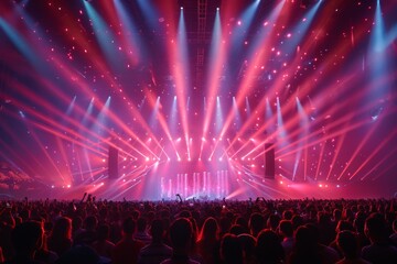 An expansive crowd is captured under a mesmerizing canopy of colorful stage lights at a vibrant...