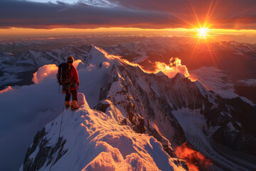 Climber Reaching Mountain Summit at Sunrise, Symbolizing Achievement