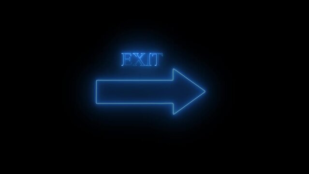 Exit neon light sign animation arrow to the right on black background way out concept