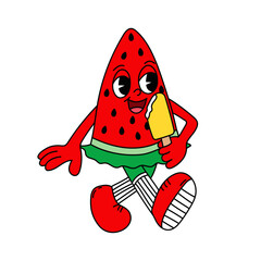 Groovy watermelon character eating ice cream.