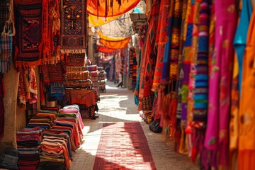 The vibrant colors of a Moroccan bazaar, Vibrant market stalls adorned with exotic fruits, textiles and crafts, Ai generated