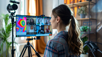 Content Creator Filming Trendy Video Blog in Modern Home Studio